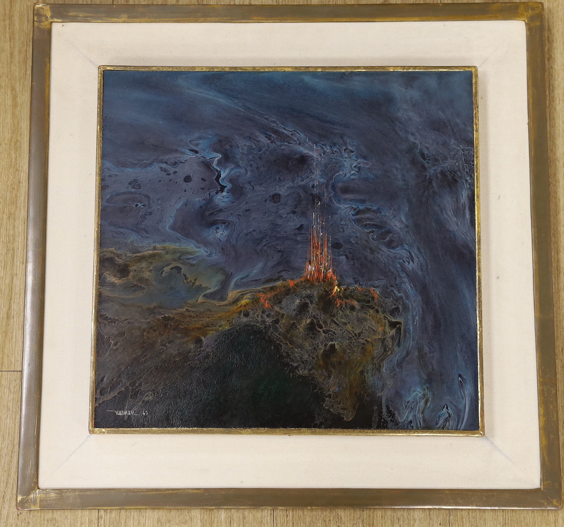 Niemann, oil on board, Volcanic eruption, signed and dated '63, 37 x 39cm